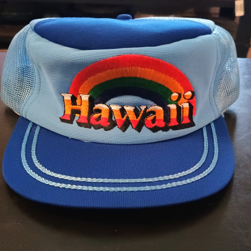 Blue Hawaii Trucker Hat with Rainbow Embroidery